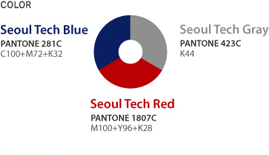 심벌마크 색상정보 - Seoul Tech Blue(PANTONE 281C, C100+M72+K32), Seoul Tech Red(PANTONE 1807C, M100+Y96+K28), Seoul Tech Gray(PANTONE 423C, K44)